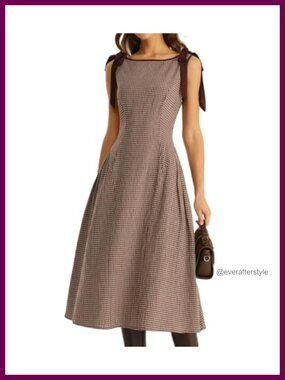 Plaid Gingham Midi Dress Boatneck A-line Casual Summer
